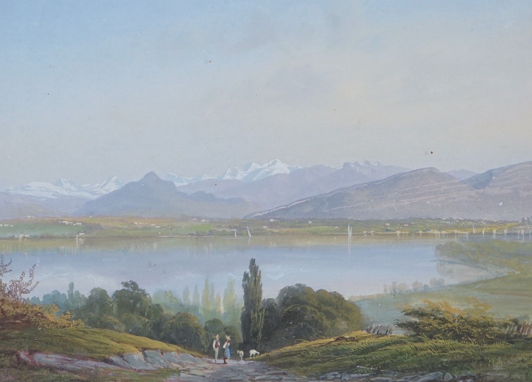 Luc Henri Mottu (Swiss, 1815-1859), pair of gouaches, View of Mont Blanc and Lakeside scene, signed, with labels verso, 16 x 21cm
